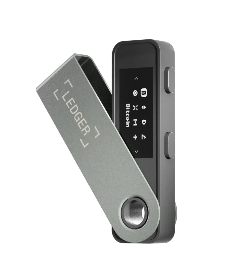 Ledger Nano S Plus hardware wallet in Matte Black, showing its small monochrome screen and two side buttons