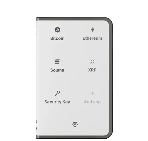 Ledger Stax hardware wallet with its curved E Ink touchscreen wrapping around the edge of the device